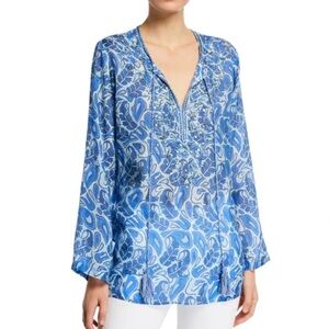 Bella Tu Abby Split- Neck Long Sleeve Tunic With Tassel Ties Beaded Trim…